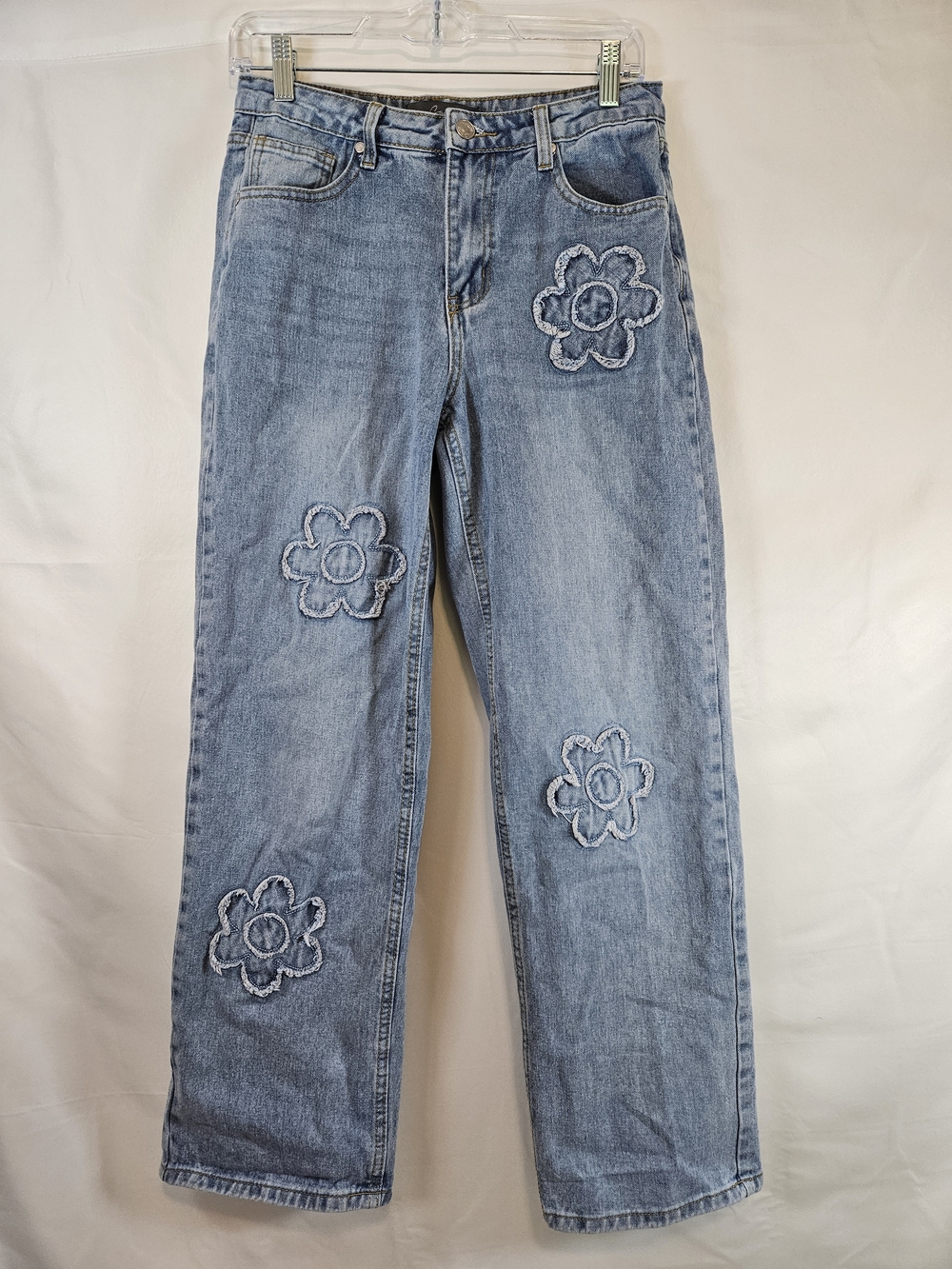 Women's Blue Straight-Leg Jeans with Floral AppliquΓ© Festival Hippie Indie